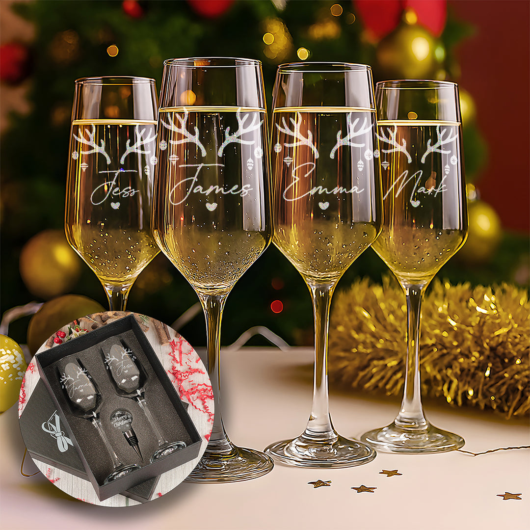 Family Christmas Reindeer Antlers Champagne Flute