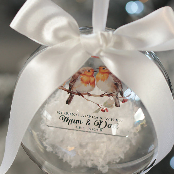 Robins Appear Snowy Acrylic Memorial Christmas Bauble