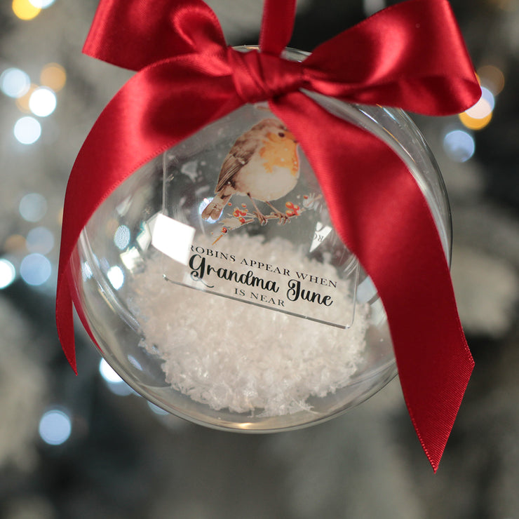 Robins Appear Snowy Acrylic Memorial Christmas Bauble