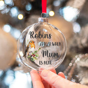 Robins Appear Memorial Feather Glass Christmas Tree Bauble-Love Lumi Ltd