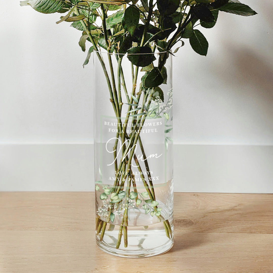 Watercolour Eucalyptus Cylinder Glass Flower Vase