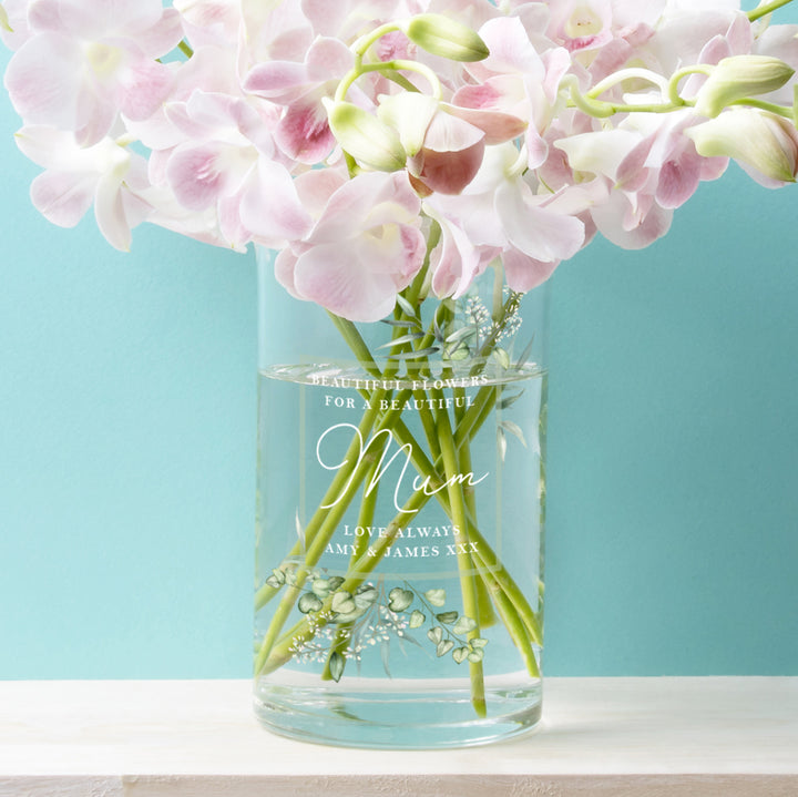 Watercolour Eucalyptus Cylinder Glass Flower Vase