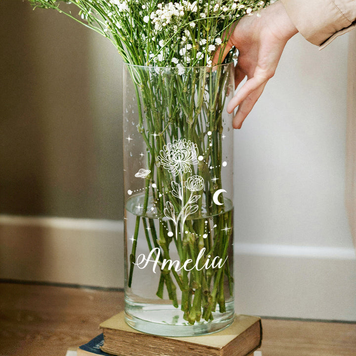Birthday Zodiac Star Sign Birth Flower Cylinder Glass Vase
