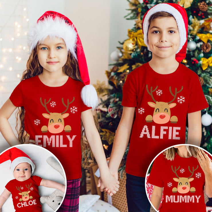 Reindeer Family Matching Christmas Red T-Shirts and Babygrow