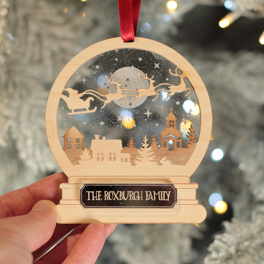 Santa's Flight Snow Globe 3D Wood and Mirror Christmas Tree Decoration Bauble-Love Lumi Ltd