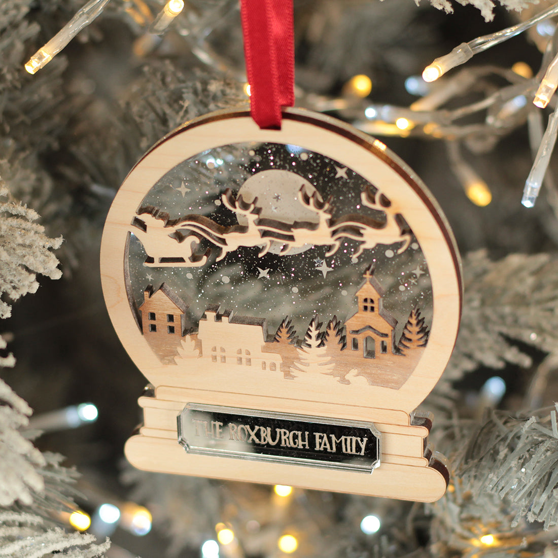 Santa's Flight Snow Globe 3D Wood and Mirror Christmas Tree Decoration Bauble-Love Lumi Ltd