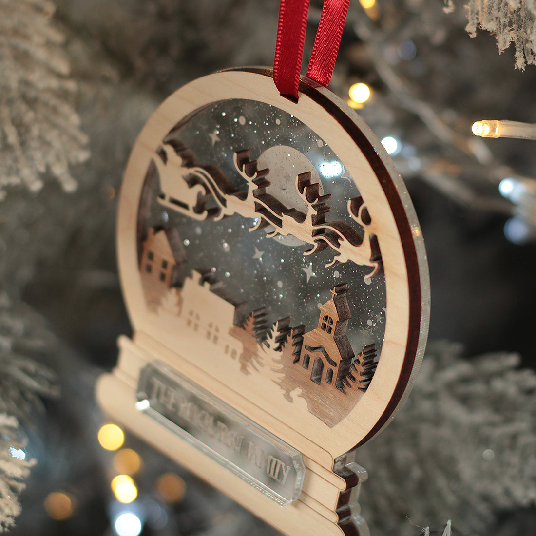 Santa's Flight Snow Globe 3D Wood and Mirror Christmas Tree Decoration Bauble-Love Lumi Ltd