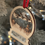 Santa's Flight Snow Globe 3D Wood and Mirror Christmas Tree Decoration Bauble