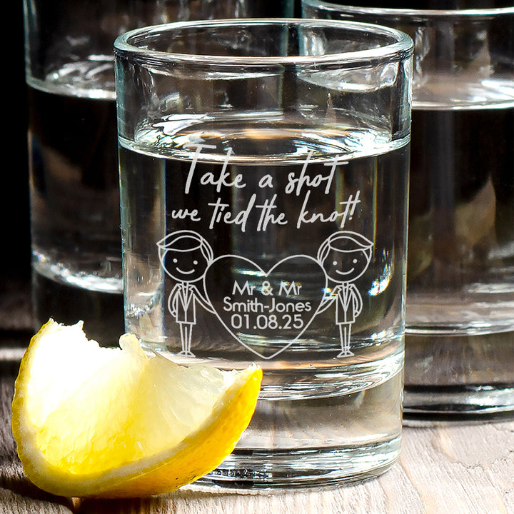 Pair of Mr &amp; Mrs Caricatures Wedding Gift Shot Glasses
