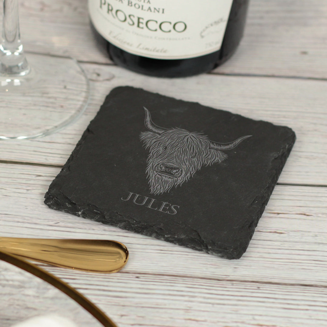 Personalised Highland Cow Slate Coaster-Love Lumi Ltd