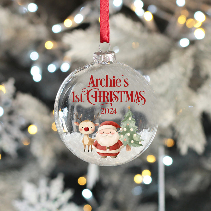 Santa and Reindeer Baby's 1st Christmas Snow filled Glass Bauble