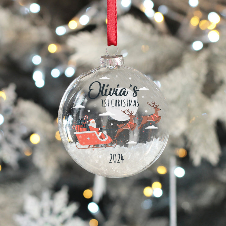 Santa's Flight Baby's 1st Christmas Snow Filled Glass Bauble