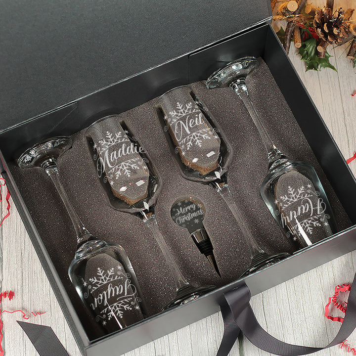 Christmas Snowflake Champagne Flutes and glass topped bottle stopper gift set