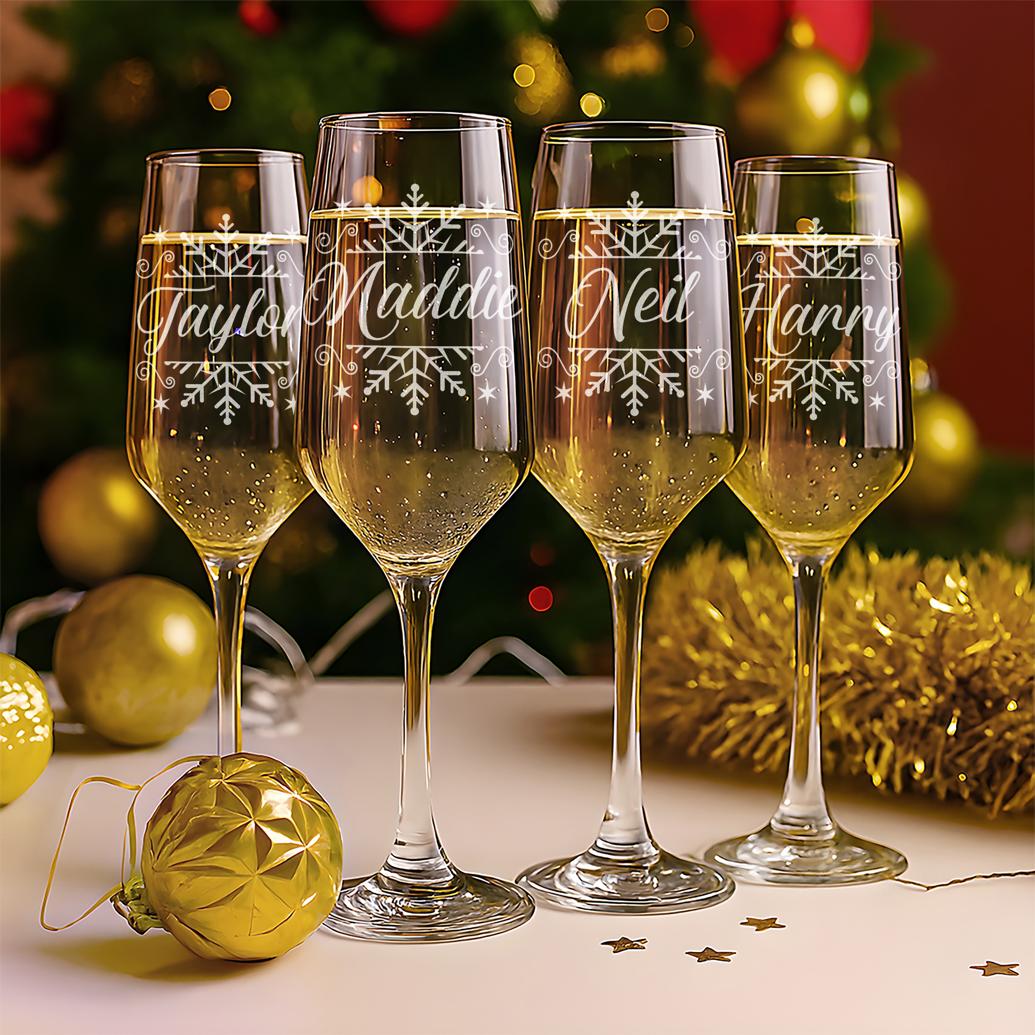 Christmas Snowflake Champagne Flutes and glass topped bottle stopper gift set