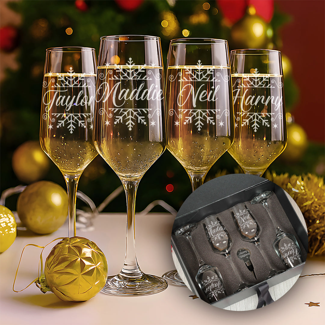 Christmas Snowflake Champagne Flutes and glass topped bottle stopper gift set