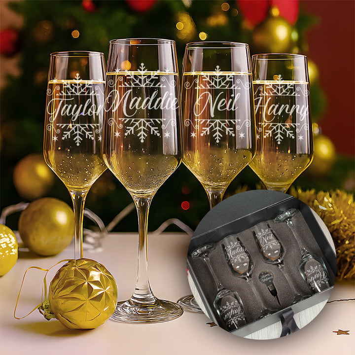 Christmas Snowflake Champagne Flutes and glass topped bottle stopper gift set
