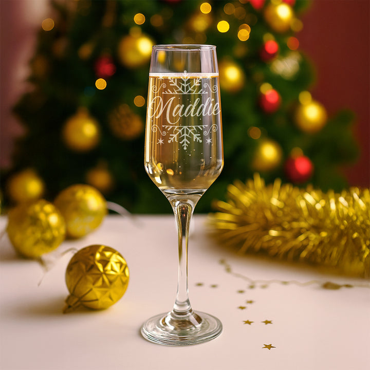Christmas Snowflake Champagne Flutes and glass topped bottle stopper gift set