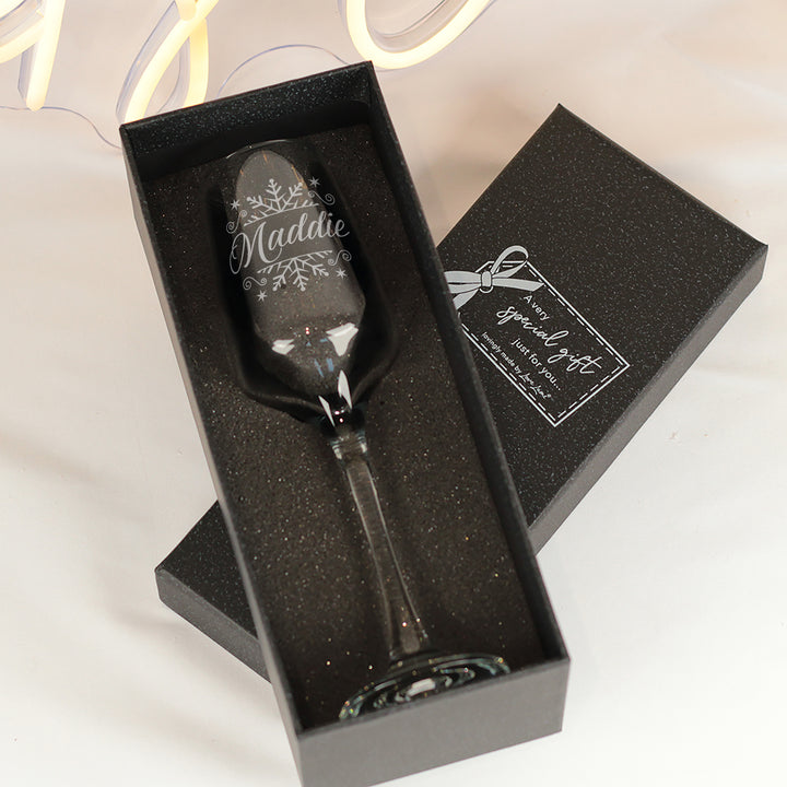 Christmas Snowflake Champagne Flutes and glass topped bottle stopper gift set