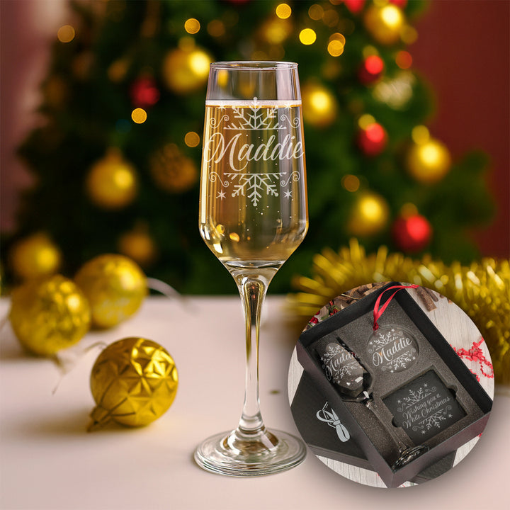 Christmas Snowflake Champagne Flute with Coaster and Decoration Gift Set
