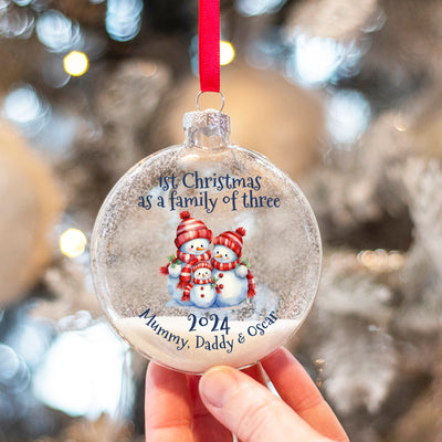 First Christmas as a Family New Baby Snowman Glitter Glass Bauble