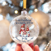 First Christmas as a Family New Baby Snowman Glitter Glass Bauble