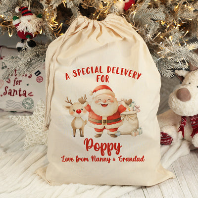 Personalised Special Delivery Santa and Reindeer Large Christmas Gift Sack