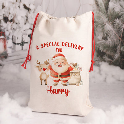 Personalised Special Delivery Santa and Reindeer Large Christmas Gift Sack