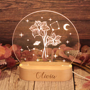 Personalised Zodiac Sign and Birth Flower Wooden Base Night Light Lamp-Love Lumi Ltd