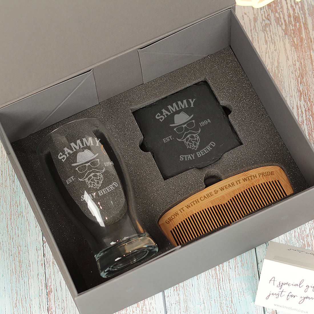 Stay Beer'd Pint Glass and Beard Comb Gift Set