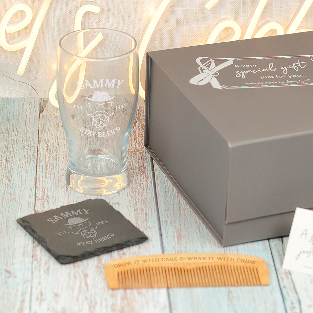 Stay Beer'd Pint Glass and Beard Comb Gift Set