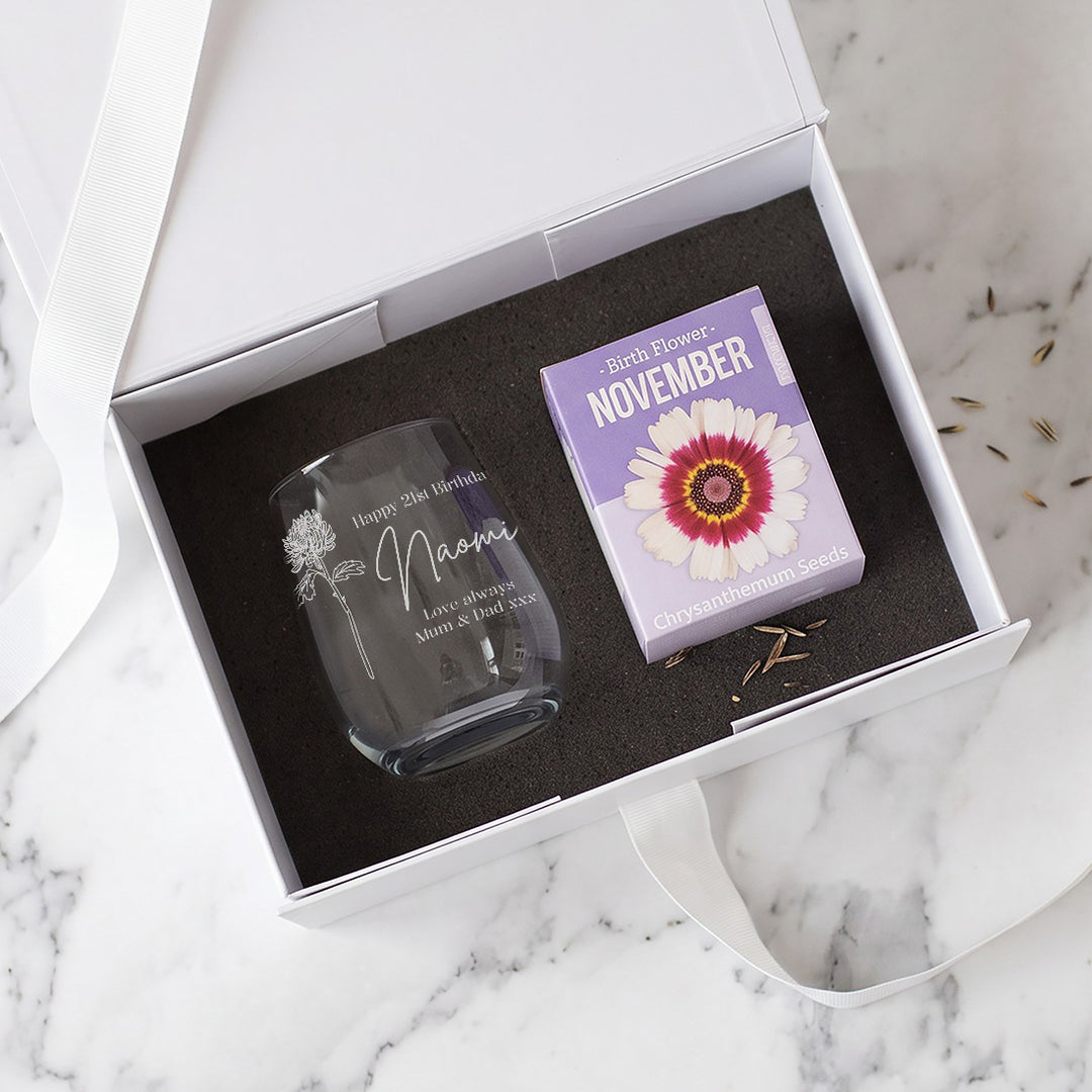 Birth Flower Seeds And Stemless Glass Birthday Gift Set