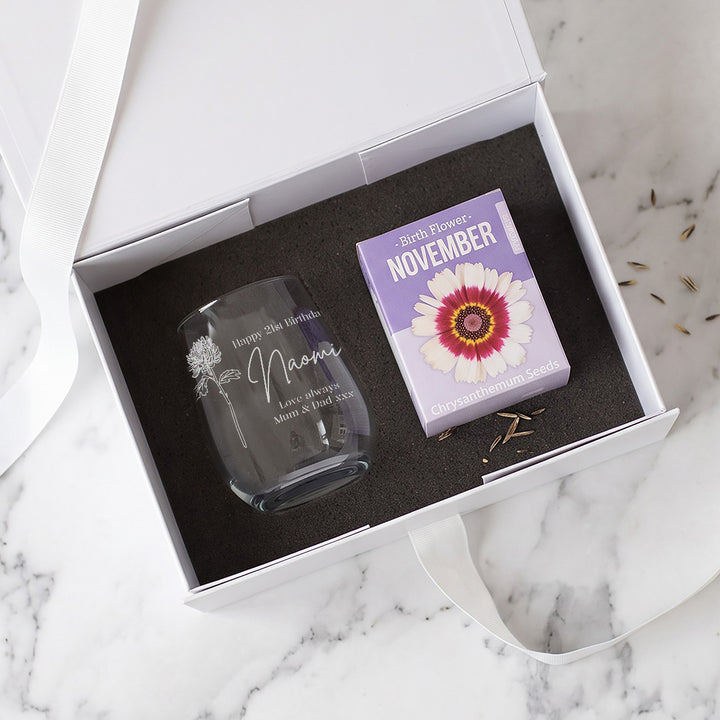 Birth Flower Seeds And Stemless Glass Birthday Gift Set