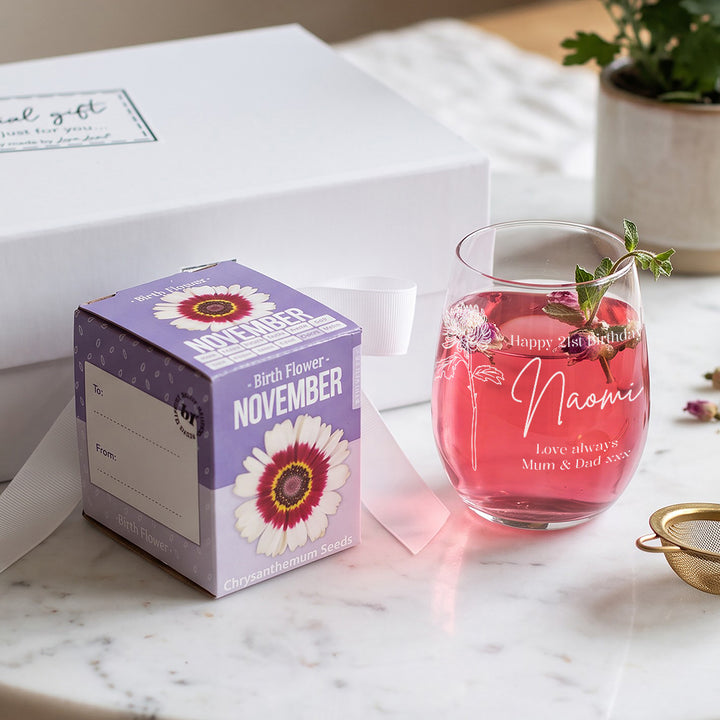 Birth Flower Seeds And Stemless Glass Birthday Gift Set