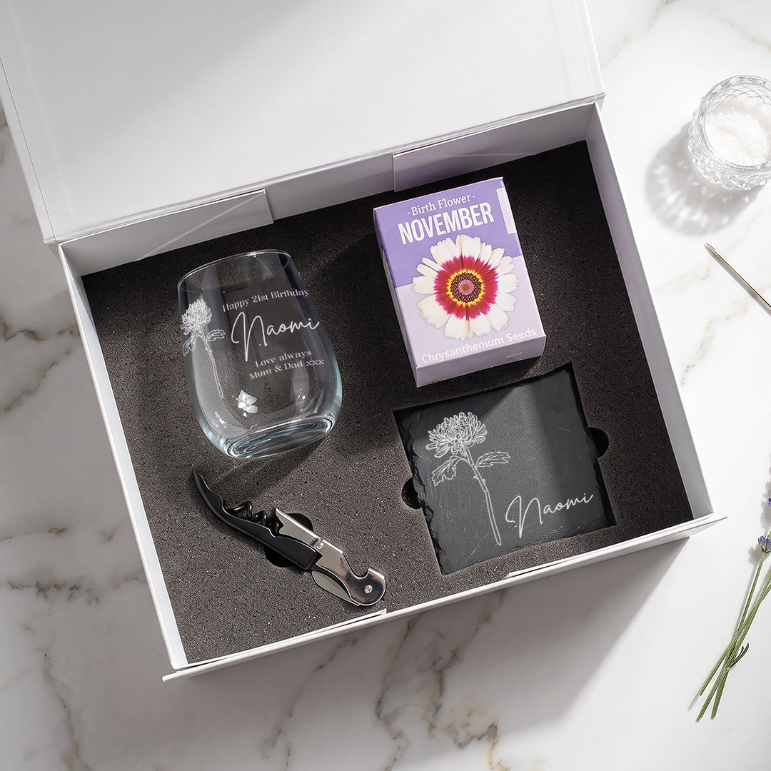 Birth Flower Seeds And Stemless Glass Birthday Gift Set