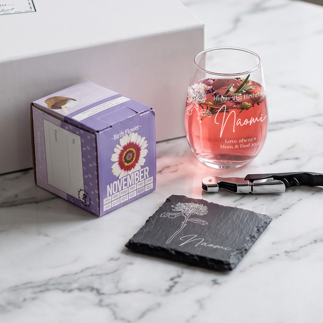 Birth Flower Seeds And Stemless Glass Birthday Gift Set