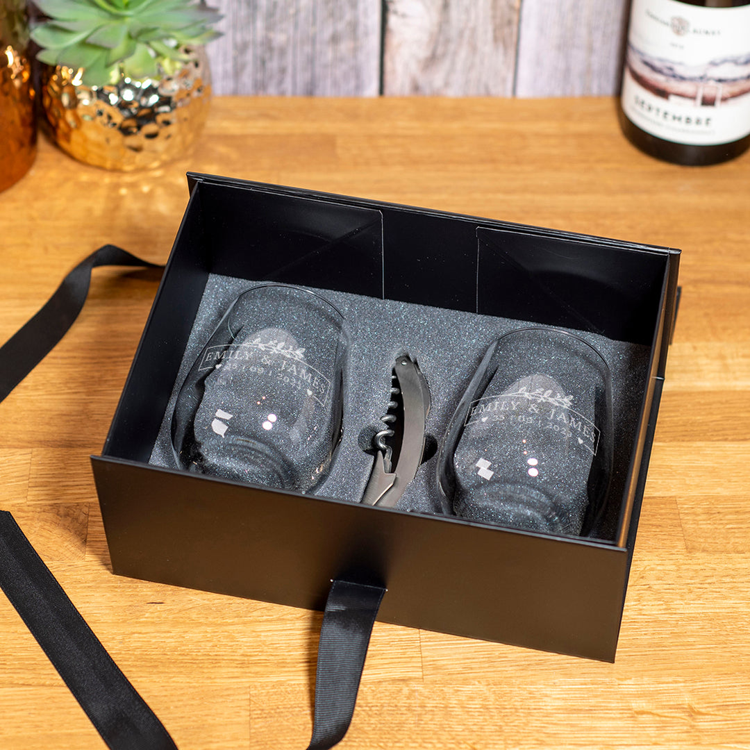Wedding Botanical Frame Pair of Stemless Glasses