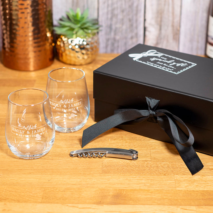 Wedding Botanical Frame Pair of Stemless Glasses Gift Set