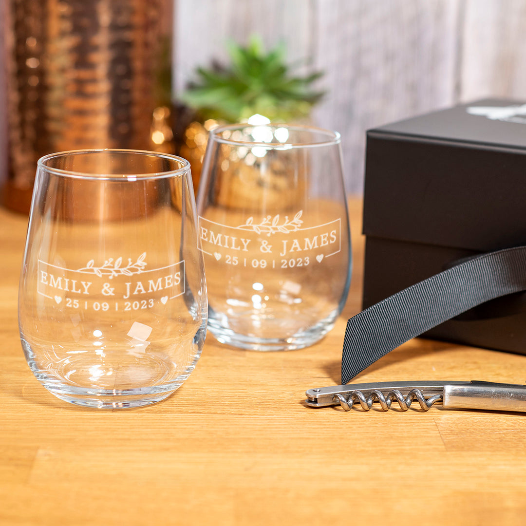 Wedding Botanical Frame Pair of Stemless Glasses