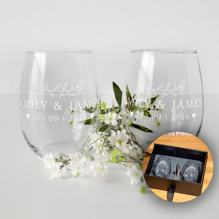 Wedding Botanical Frame Pair of Stemless Glasses Gift Set
