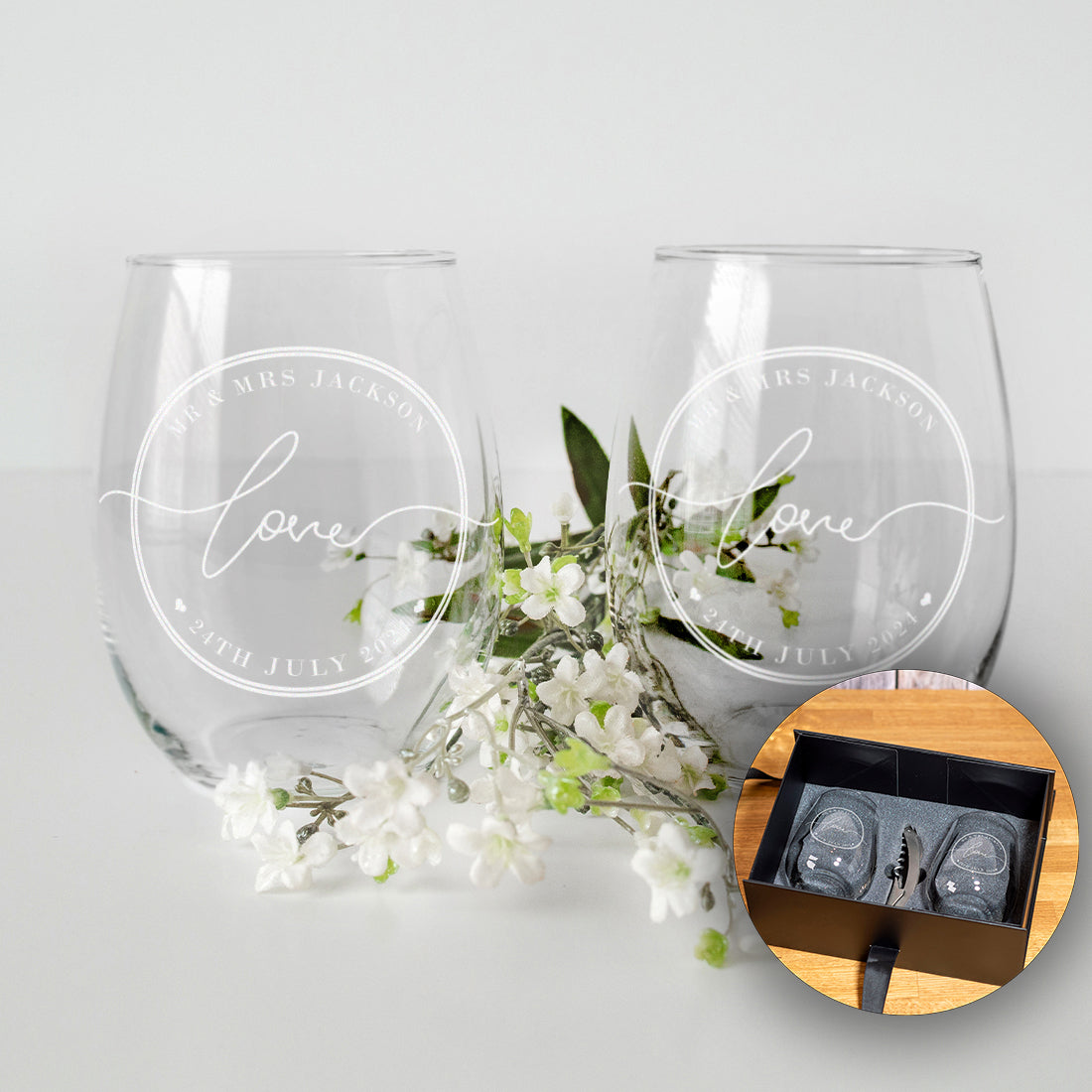 Wedding Mr & Mrs Classic Frame Pair of Stemless Glasses Gift Set
