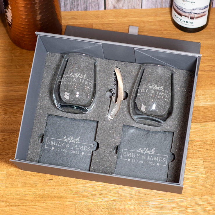 Wedding Botanical Frame Pair of Stemless Glasses Gift Set