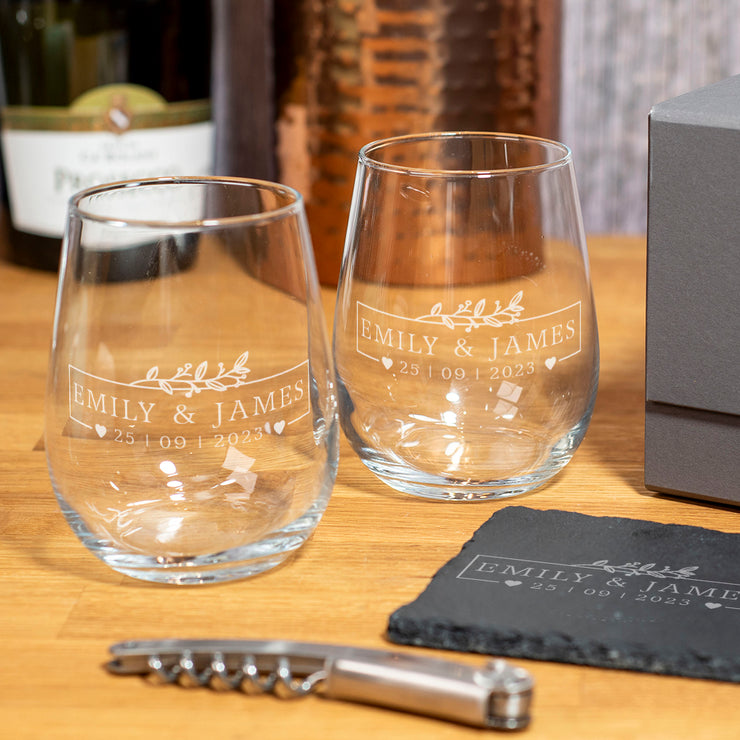 Wedding Botanical Frame Pair of Stemless Glasses Gift Set