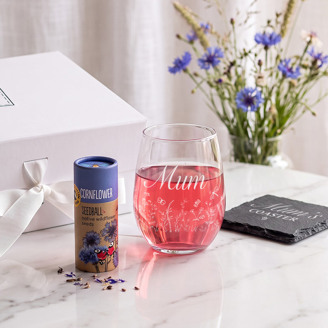 Stemless Glass and Cornflower Wildflower Seed Balls Gift Set