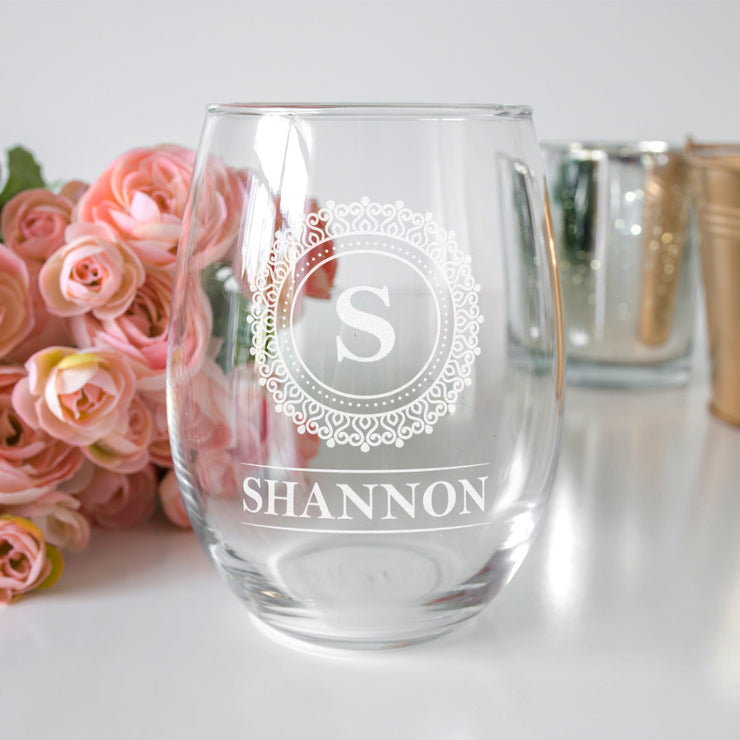 Circle Frame Initial Engraved Stemless Glass