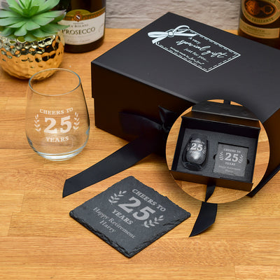 Luxury Gift Boxed Retirement Cheers Stemless Glass and Coaster Set