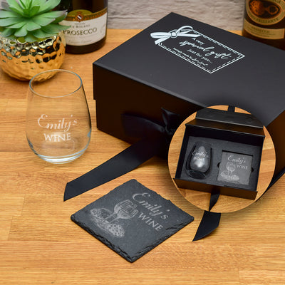 Luxury Gift Boxed Wine Sketch Stemless Glass and Coaster Set