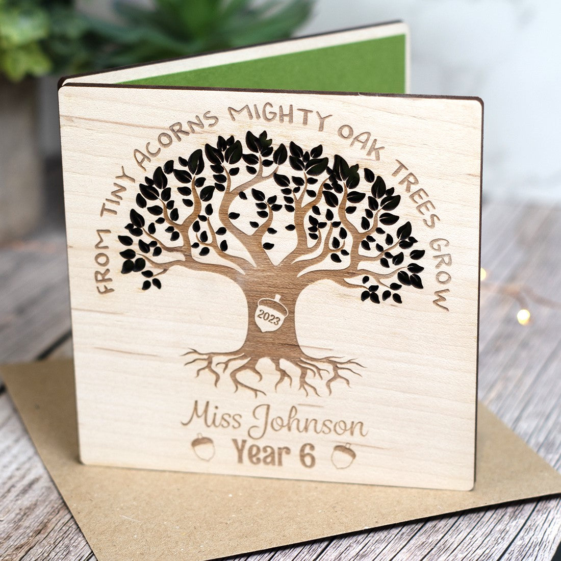 3D Wooden Engraved Teacher Tiny Acorns Greetings Card-Love Lumi Ltd