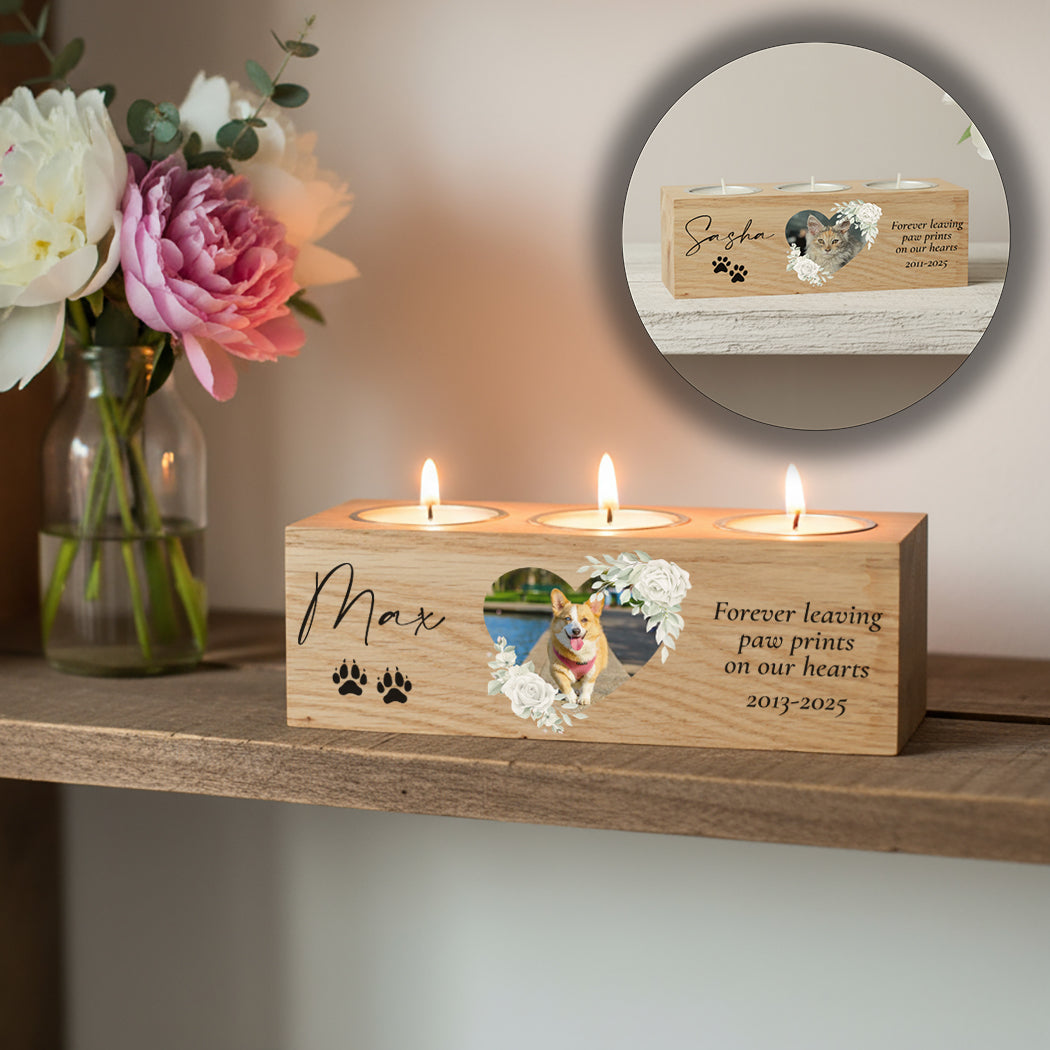 Solid Oak Pet Photo Memorial Triple Tealight Holder