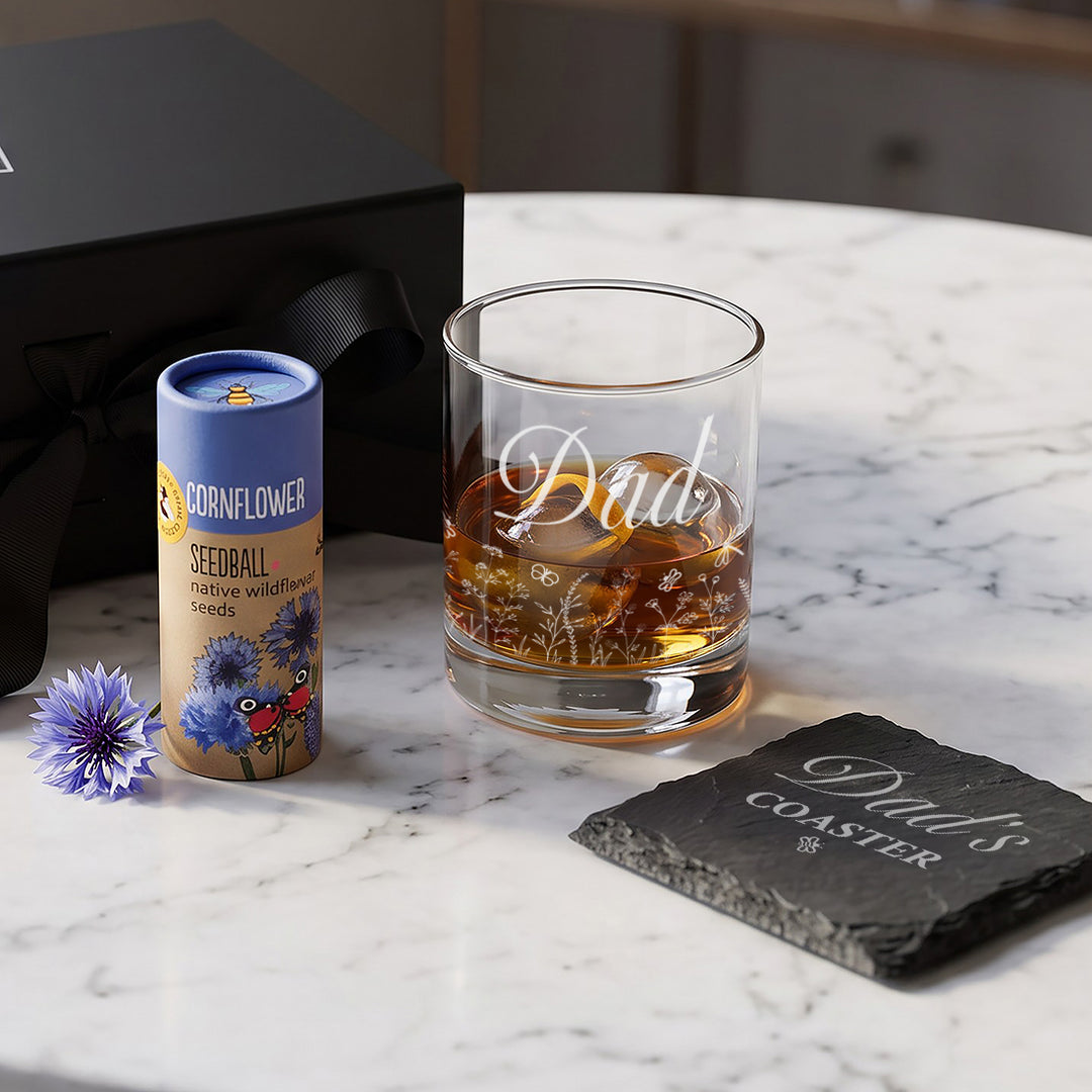 Whiskey Glass And Cornflower Wildflower Seed Balls Gift Set