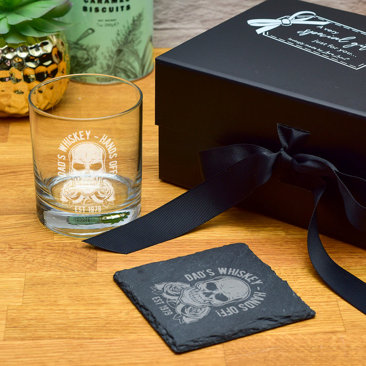 Luxury Gift Boxed Skull and Roses Glass Tumbler and Coaster Set